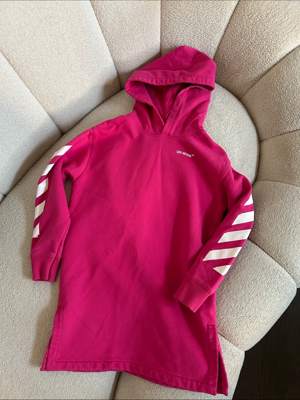 Off-White Kids Hot Pink Hooded Sweatshirt Dress with White Sleeve Stripes